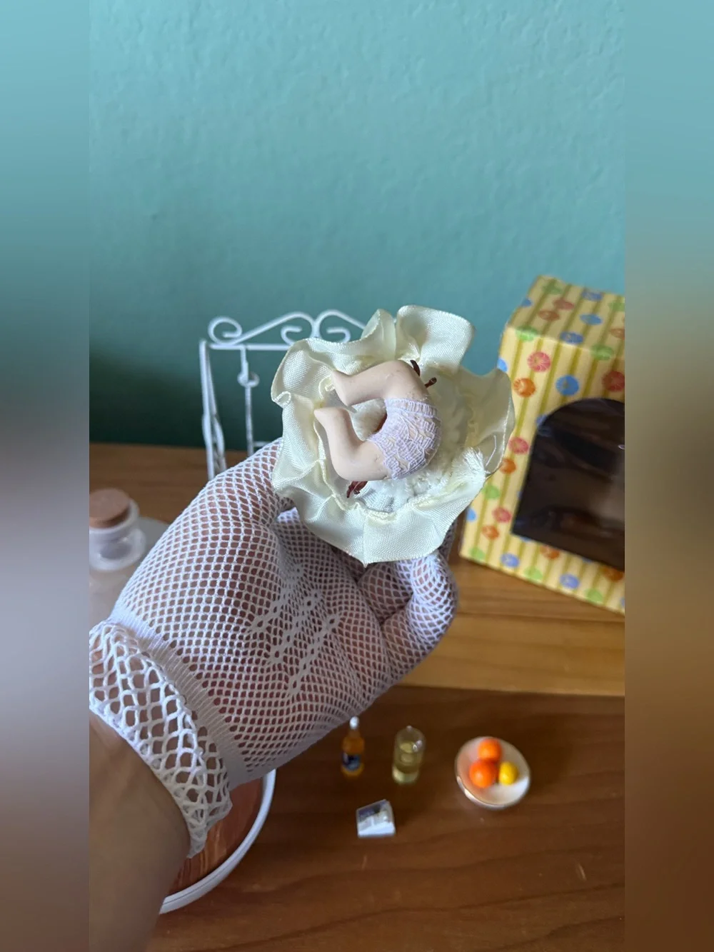 Vintage Miniature Porcelain Doll Swing Table Food Accessories Set